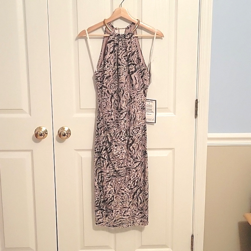 NWT Xscape knee-length cocktail dress zebra print, size 8, black and tan